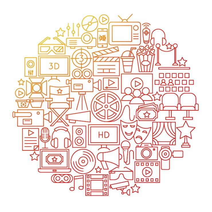 Vector bioscoop lijn pictogram cirkel ontwerp. vectorillustratie van filmobjecten geïsoleerd over wit.