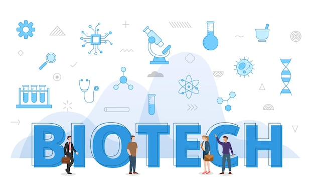 Biotech concept with big words and people surrounded by related icon spreading with modern blue color style