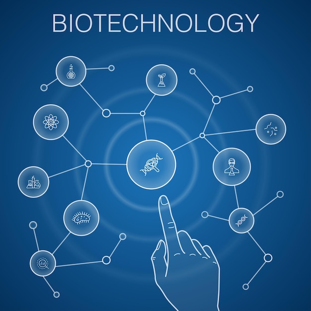 Biotechnologieconcept, blauwe achtergrond. DNA, wetenschap, bio-engineering, biologie iconen