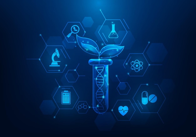 biotechnology and dna plant in tube technology science chemistry in laboratory on blue background vector illustration fantastic low poly