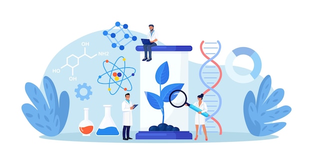 Вектор Инженеры-биотехнологи выращивают зеленые ростки растений в почве с помощью оборудования для выращивания в научной лаборатории научный эксперимент молекулярный анализ биологические исследования для медицинских целей