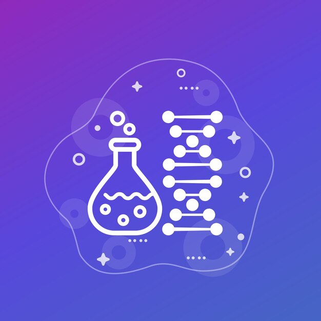 Biotechnology and genetic testing icon with lab glass and dna, vector