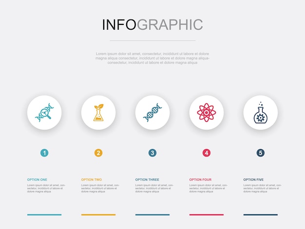 Biotecnologia ogm dna scienza icone di bioingegneria modello di progettazione del layout di progettazione infografica concetto di presentazione creativa con 5 passaggi