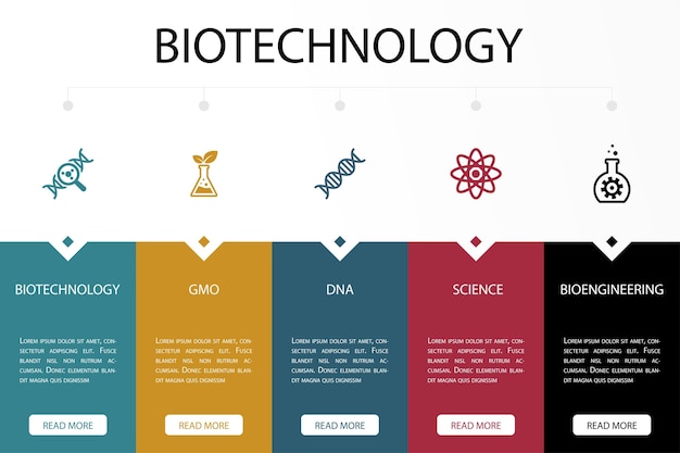 Biotechnology GMO DNA Science bioengineering icons Infographic design template Creative concept with 5 steps