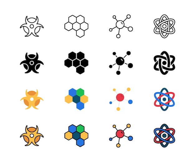 Биотехнологические иконы Набор наборов биобезопасности Химический молекулярный эксперимент Икона иллюстрация упаковки