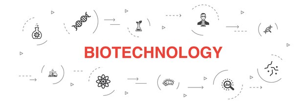 Progettazione del cerchio di 10 punti di infographic di biotecnologia. dna, scienza, bioingegneria, icone semplici di biologia