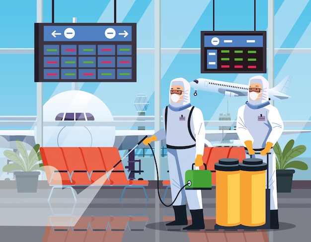 Bioveiligheidsarbeiders desinfecteren luchthaven voor