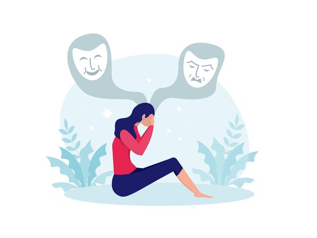 Vector bipolar disorder, woman suffers from hormonal with a change in mood. mental health vector illustration