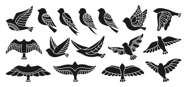 Uccello ornamenti astratti doodle set di francobolli stampa stampa lineare stilizzata passero alla moda pressa per vernici
