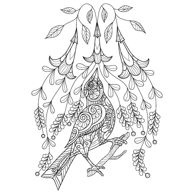 Bird and beautiful flowers hand drawn for adult coloring book