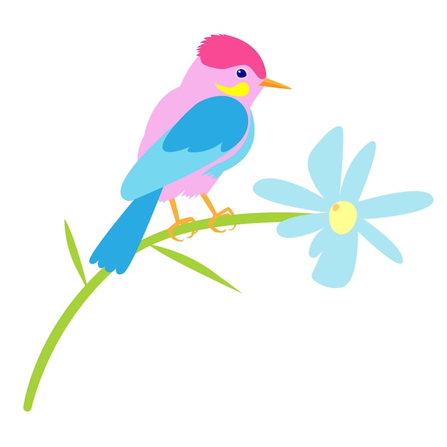 Bird and blue flower stock vector image on a white background spring illustration summer