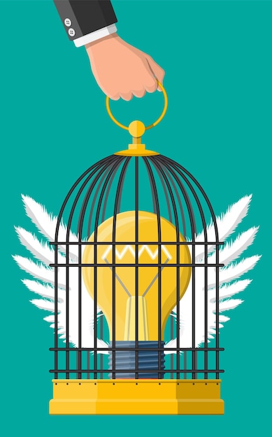 Vector bird cage in hand with light bulb of idea inside. concept of creative idea or inspiration, business start up. glass bulb with spiral and wings in flat style. vector illustration