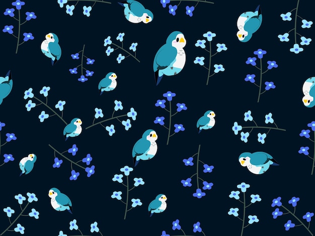 Vector bird cartoon character seamless pattern on blue background