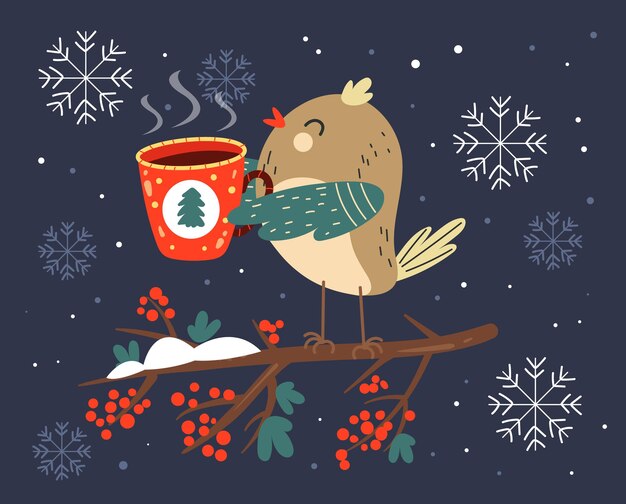 Bird character with hot drink coffee tea winter style concept flat graphic design element