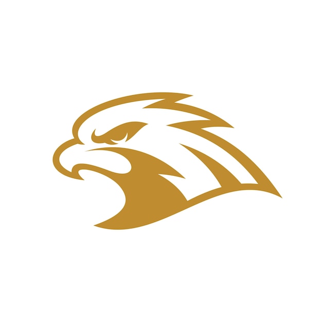 Disegno del logo della mascotte della testa del falco dell'uccello, icona del vettore dell'emblema del distintivo dell'aquila o del falco