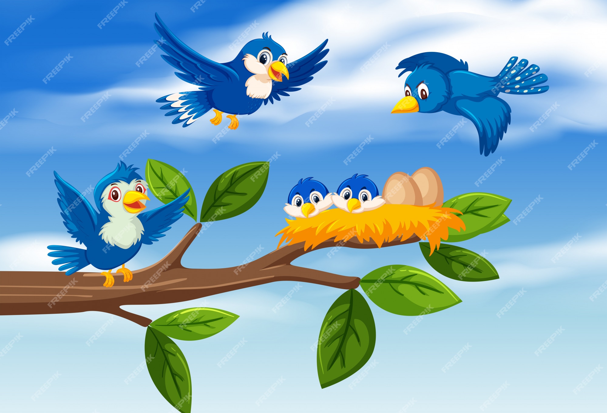 Premium Vector | Bird family at tree branch