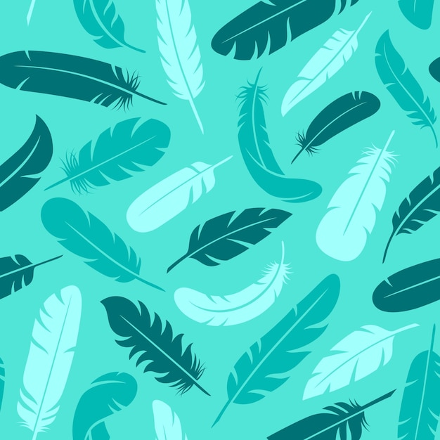 Bird feather seamless pattern Blue feathers silhouettes print multicolor beauty plumage elements silhouettes Boho vintage tidy vector texture