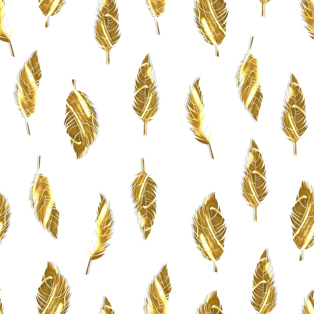 Bird feathers vector seamless pattern with gold