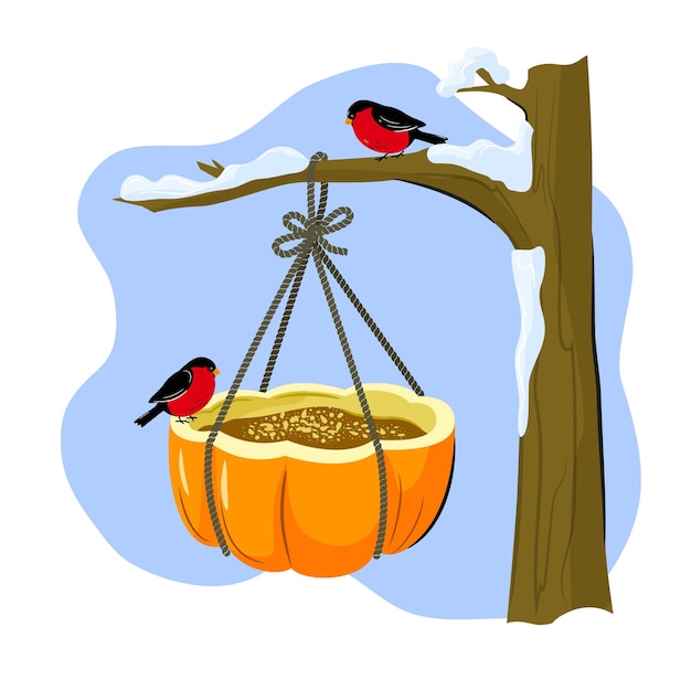 Vector a bird feeder from a pumpkin. winter crafts with your own hands with children.