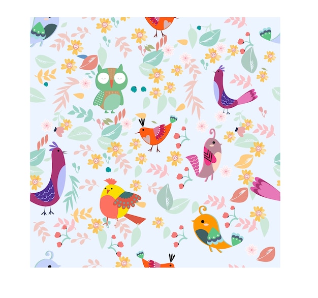 Bird in the flower garden seamless pattern