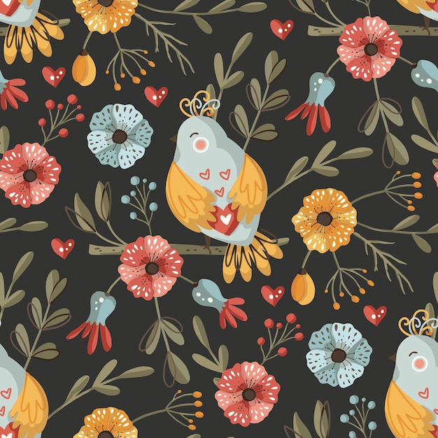 Bird and flower seamless vector pattern