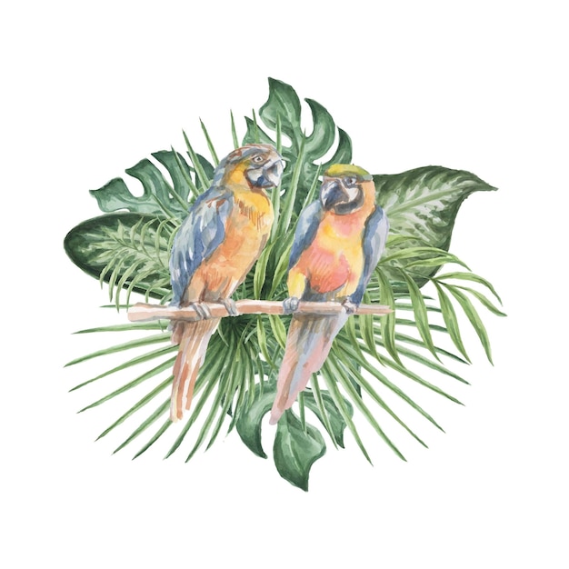 Uccelli fiori e foglie acquerello illustrazione composizione disegnata a mano elementi isolati su bianco