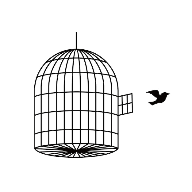 bird fly out from cage design freedom concept sign and symbol
