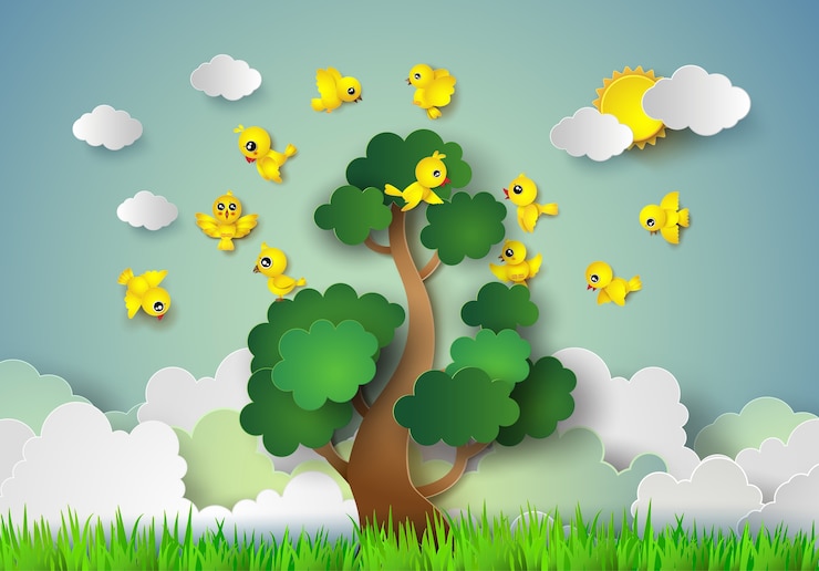Vector bird flying around a tree .