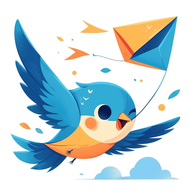 Vector a bird flying a kite on a windy day cartoon style