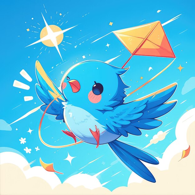 Vector a bird flying a kite on a windy day cartoon style