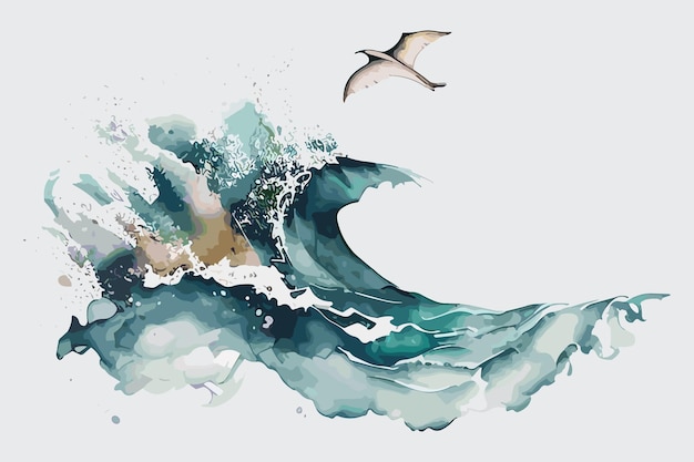 A bird flying over a wave with a bird flying over it.