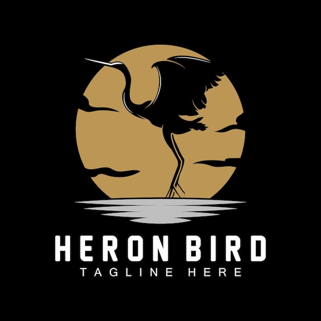 Bird heron cicogna logo design uccelli airone che vola sul fiume illustrazione del marchio del prodotto vettoriale