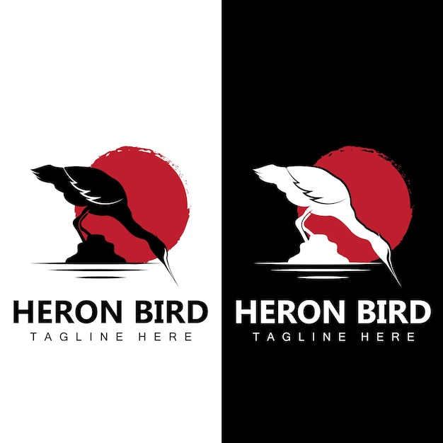 Bird heron cicogna logo design uccelli airone che vola sul fiume illustrazione del marchio del prodotto vettoriale