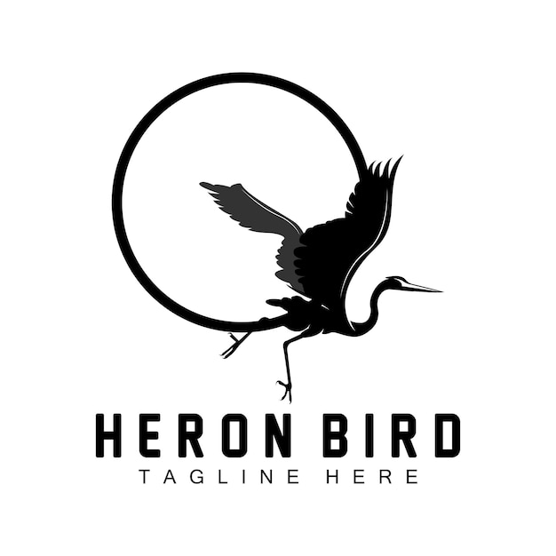 Bird heron cicogna logo design uccelli airone che vola sul fiume illustrazione del marchio del prodotto vettoriale