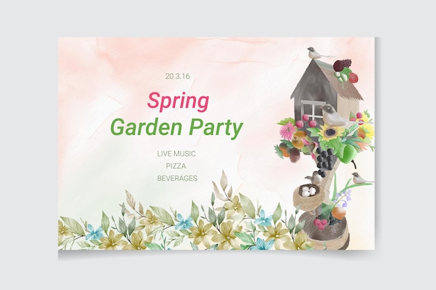 Vector bird house watercolor spring garden party banner