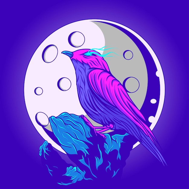 Vector bird illustration and moon view with neon coloring