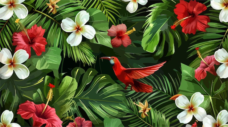 Vector 鳥が花と鳥と一緒に熱帯の庭にいる