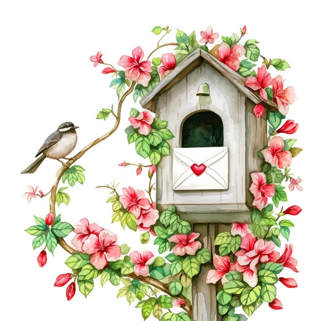 Vector bird over mailbox with flowers watercolor paint