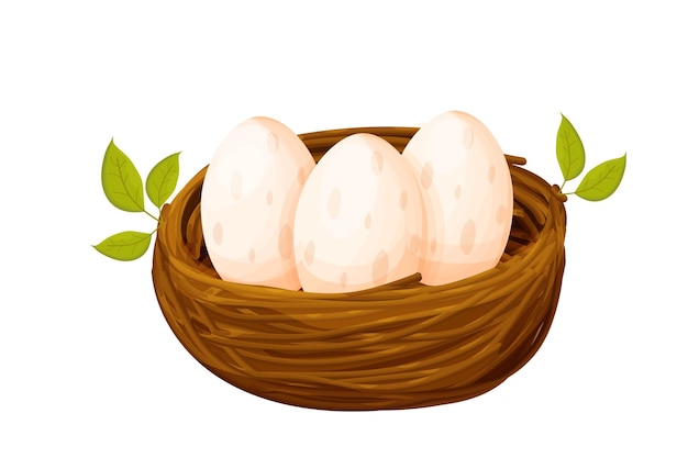 Bird nest from sticks with eggs decorated with leaves in cartoon style