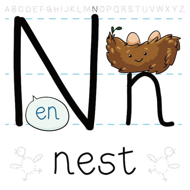Vettore nido di uccello fatto con paglia per lezione di grammatica e pronuncia della lettera 'n' nell'alfabeto inglese