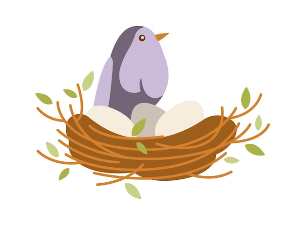Vector bird nest of small twigs with mother bird flat icon