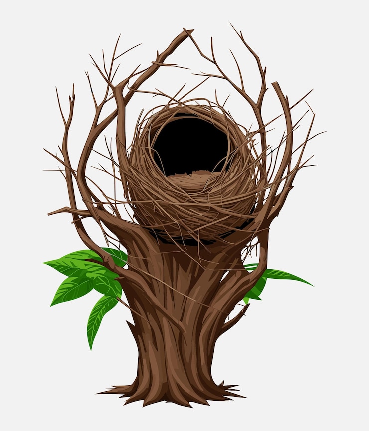 Vector bird nest on a tree with leaves vector illustration isolated on white background