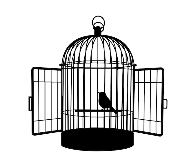 Bird in Open Cage Silhouette Representing Freedom and Confinement