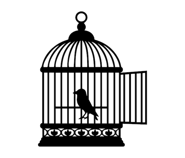 Bird in Open Cage Silhouette Representing Freedom and Confinement