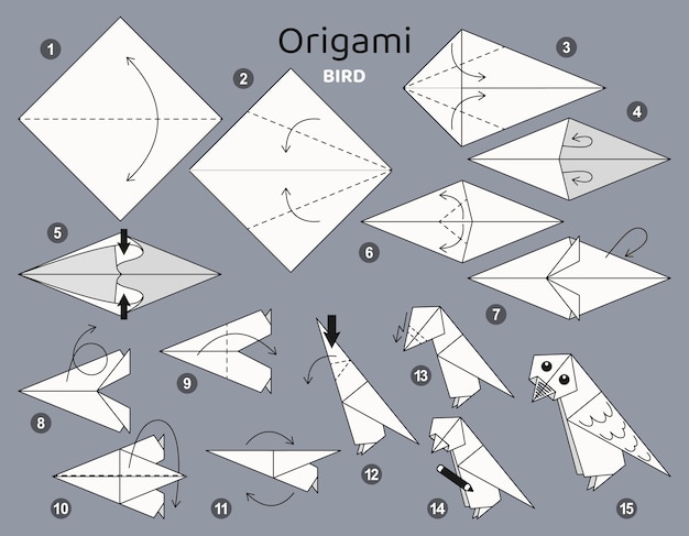 鳥の折り紙スキームのチュートリアル 動くモデル 子供向け折り紙 かわいい折り紙の作り方を段階的に説明