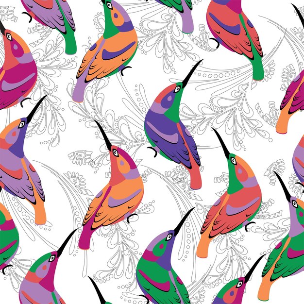 Вектор рисунка птицы. Бесшовный фон с разноцветными птицами. Печать джунглей бесшовные