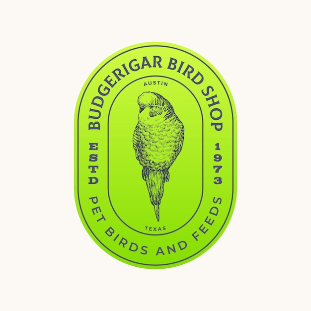 Vettore template di logo vettoriale per negozi di animali domestici budgerigar pappagallo disegnato a mano emblema di cornice di qualità premium