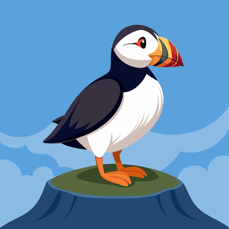 Vector a bird on a rock with the word puffin on it