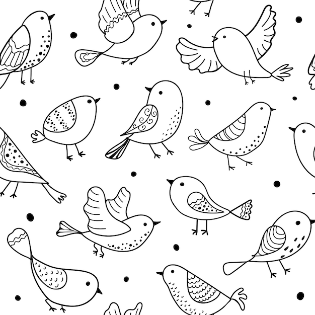 Bird seamless pattern Background with cute hand drawn bird doodles Black on white vector