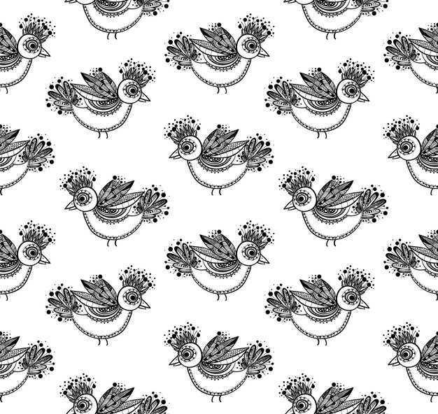 bird seamless pattern. black and white doodle for coloring book on white background.